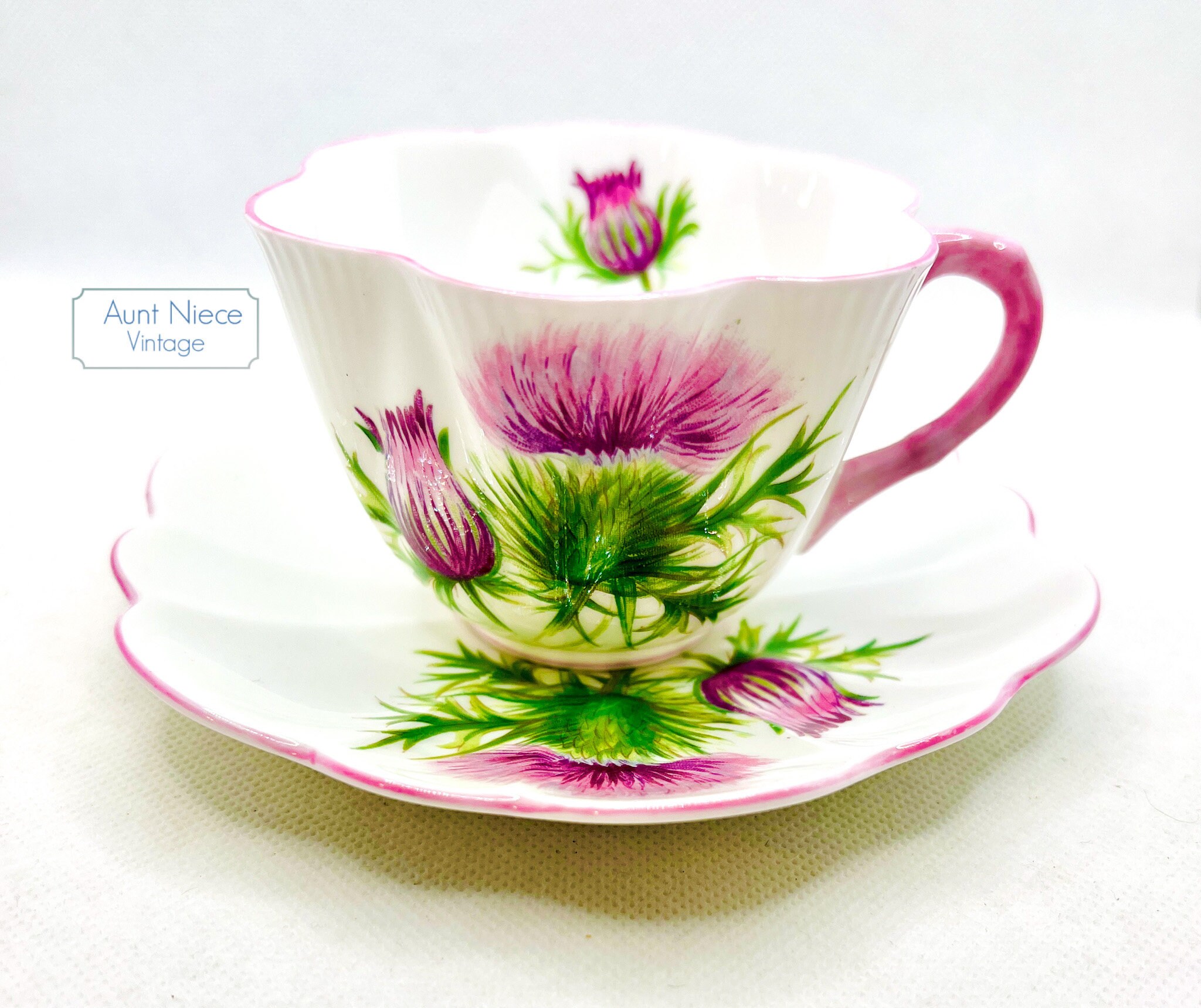Vintage teacup and saucer Shelley Bone China Thistle pink purple