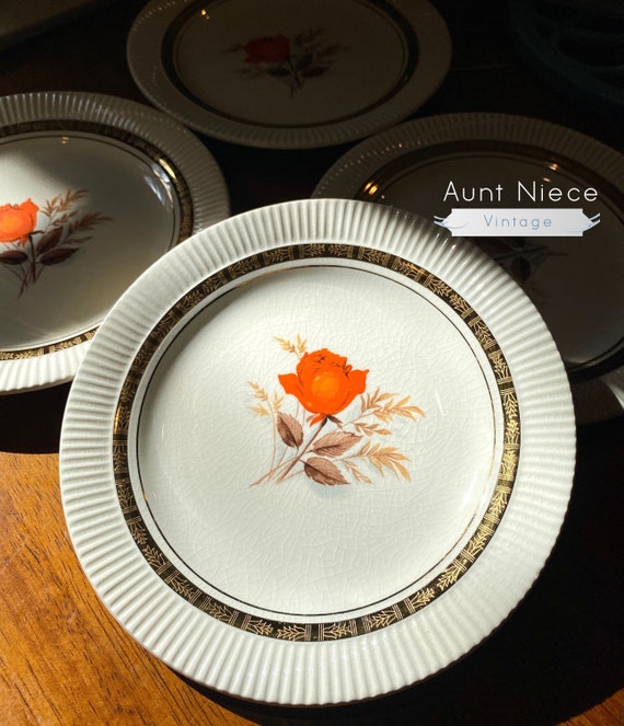 Set of 4 Vintage Dessert Plates Orange Rose and Gold Autumn Fall Thanksgiving plates American Limoges Victory plates c.1930s