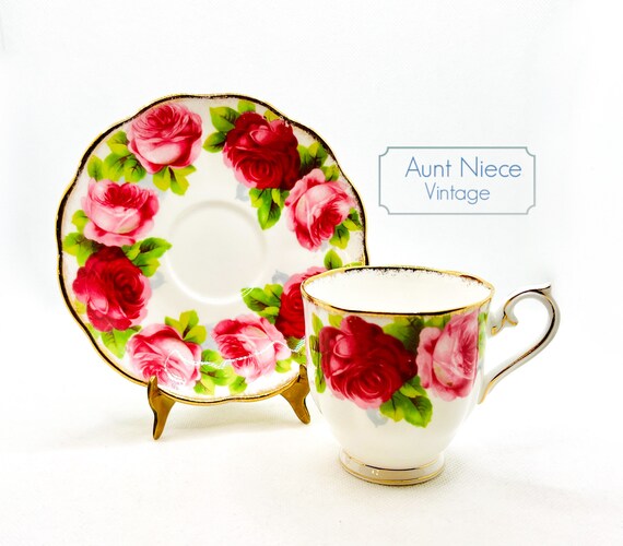 Vintage Royal Albert "Old English Rose" demitasse or espresso cup pink red roses with gold accent cup and saucer c1950s