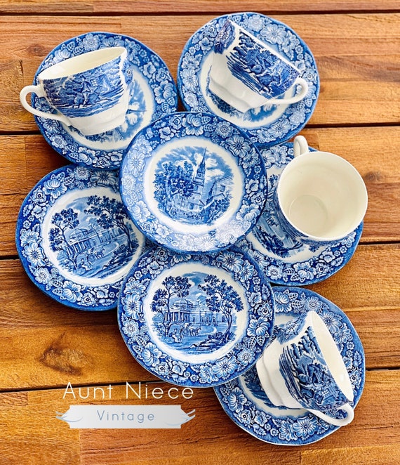 Sets and singles Vintage Liberty Blue saucers and small plates Monticello and Old North Church Vintage Paul Revere teacup blue transferware