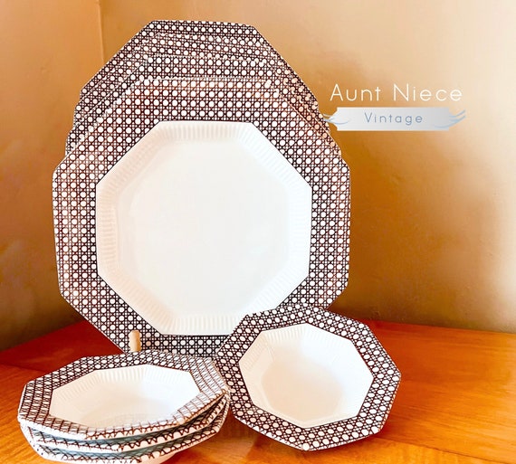 Sets and single Vintage Brown transferware Dinner Plates Bowls Independence Ironstone Interpace Cane Brown basketweave tweed c. 1970s