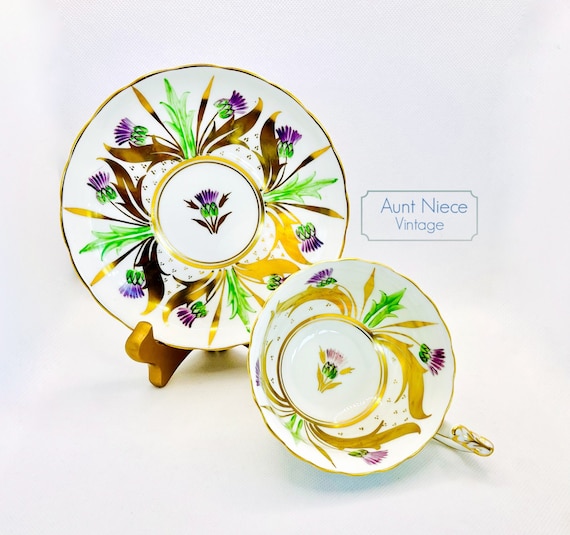 Vintage teacup and saucer Royal Chelsea 333A Scottish purple Thistle floral green and gold hand painted CRACKED bone china c.1930s