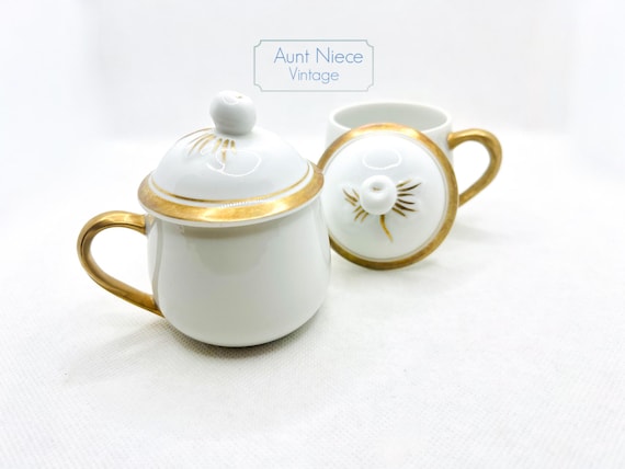 Vintage Neiman Marcus Creme de Pot set White and Gold with lids, twist gold handle gold wheat or palm tree accent