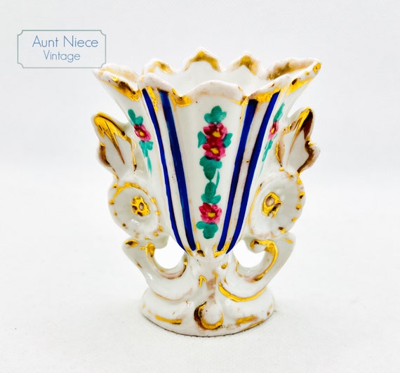 Vintage small tiny vase handpainted blue with pink flowers gold accents c.1940s