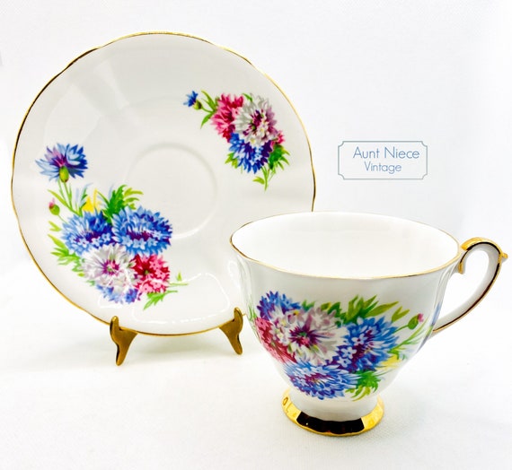 1950's Windsor Chrysanthemum Pink white Purple blue, Gold pedestal cup saucer Blue Pink White Flower Floral vintage teacup and saucer