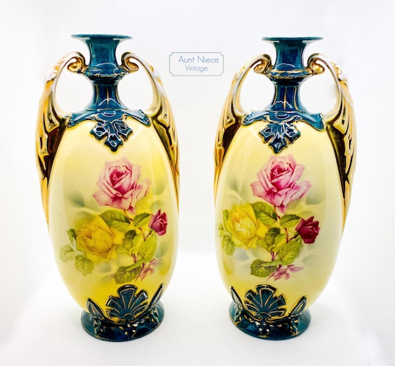 1900s Set of 2 Antique Victoria Austria Vases Pink Rose Yellow Rose on Yellow Green and Gold vase