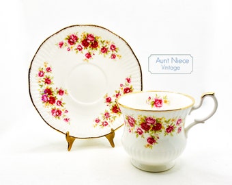 1950s Vintage teacup and saucer Royal Minster Pink Roses with Gold Gilt cup saucer c.1940s