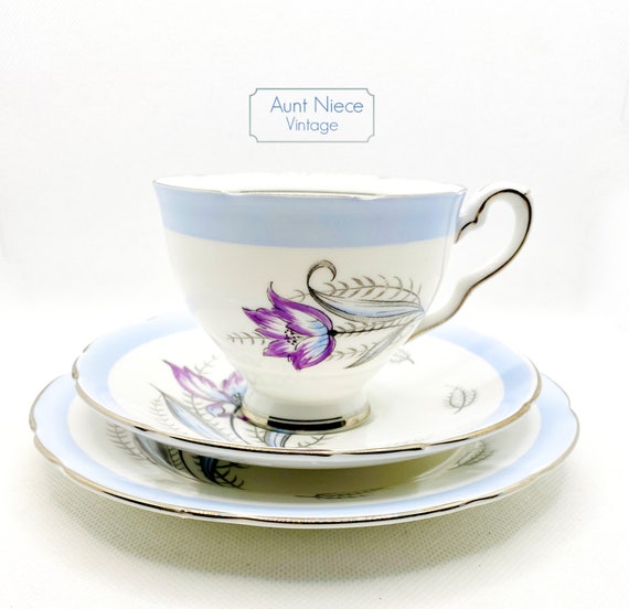 1960s Vintage Royal Stafford trio light blue and purple flower tulip with wheat and silver scalloped edge vintage teacup saucer underplate
