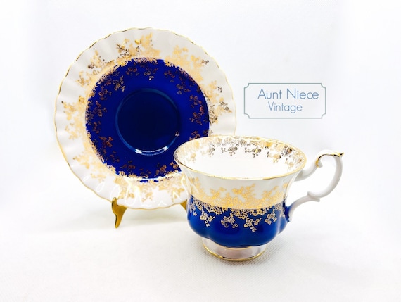 Vintage Teacup Saucer Royal Albert Regal Series Navy Blue and ornate Gold Montrose shape 4396 cup saucer c. 1970s