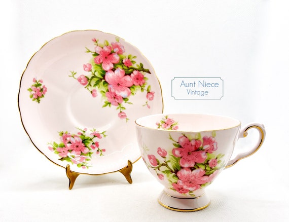Vintage pink teacup saucer Tuscan Fine English Bone China pink Cherry Blossoms gold accents pedestal cup and scallop edge saucer c.1940s