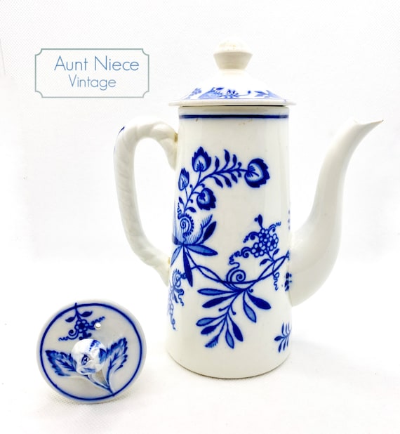 Meissen pattern Cauldon England Blue Onion SMALL Coffee or Teapot with 2 lids c1930s