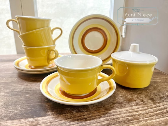 Vintage Cavalier Ironstone Yellow & Brown Cups, Saucers, Sugar Bowl: 1960s USA
