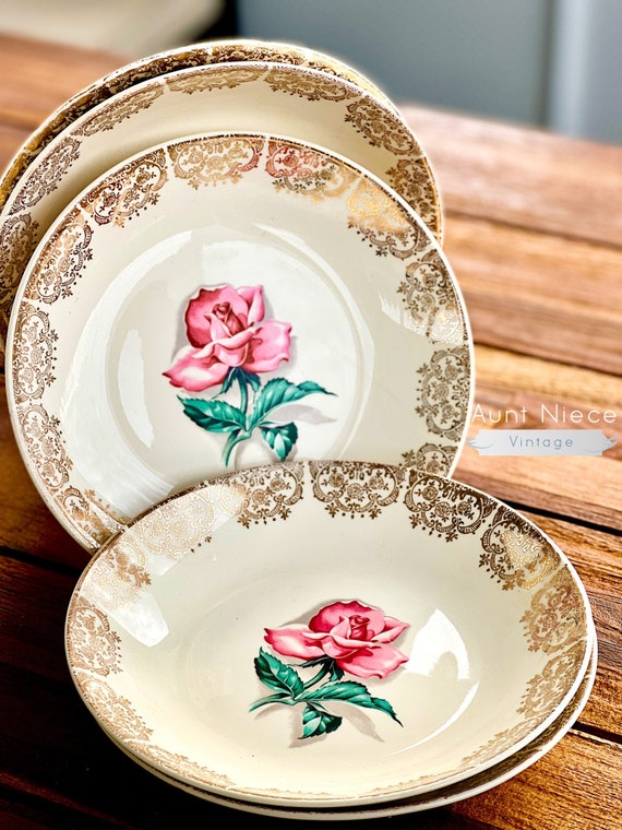 Selection of Vintage dinner Bowls Crooksville Pink Rose w/ green stem, 22k Gold ornate trim rim sets and singles approx 8''diam c. 1940s