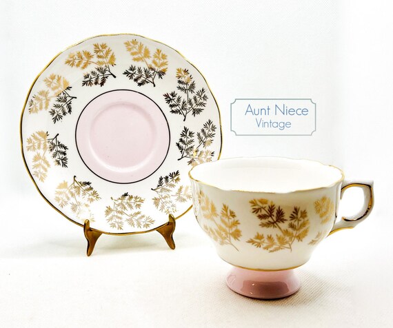 Vintage teacup and saucer Colclough Bone china light pink on white with gold fern gold pine c.1940s