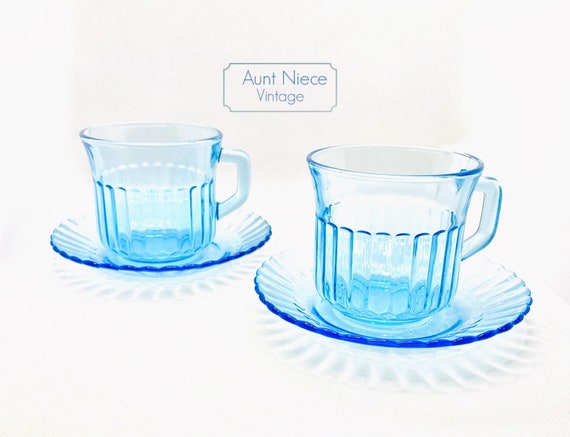 1980s vintage Fortecrisa Mexico Set of 2 blue glass handle vintage cups and saucers