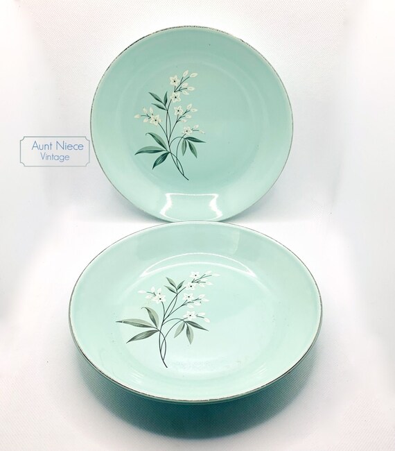 2 Vintage bowls turquoise with white flowers and green stems W.S. George Turquoise c. 1950s