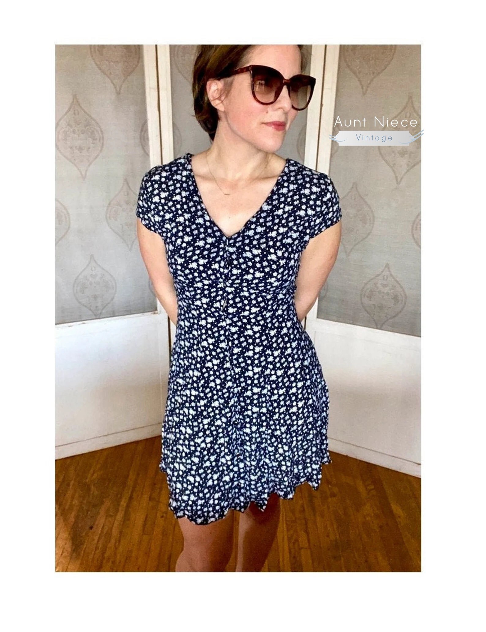 1990's Vintage Navy Blue Dress White 