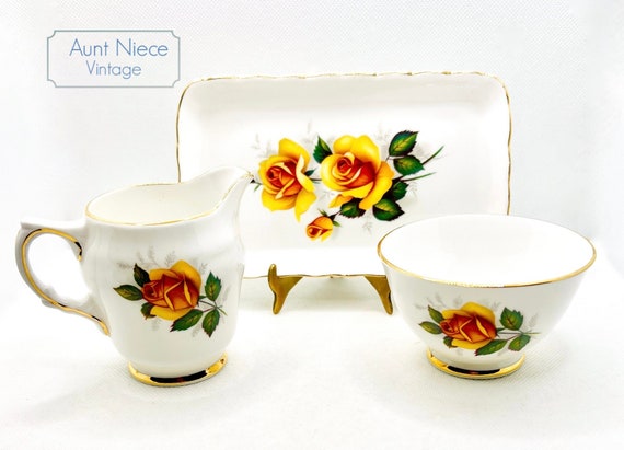 Vintage sugar creamer and tray 1930s vintage Delphine Bone China yellow Rose tea set sugar creamer tea tray