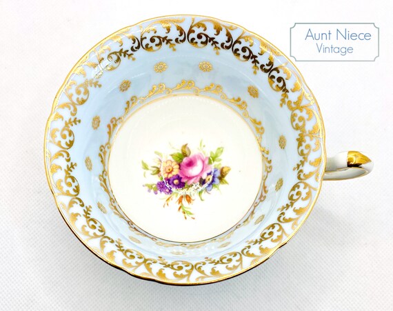 Vintage EB Foley teacup pale blue with ornate gold gilt pink roses and floral orphan teacup solo teacup no saucer