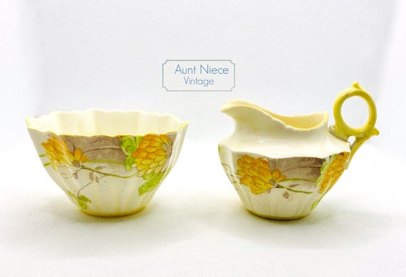 1935 Vintage Paragon Creamer Sugar orange yellow and green flowers yellow handle bone china