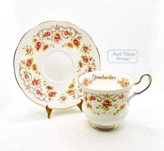 Vintage teacup saucer Queens Rosina Bone China "Grandmother" pink roses cup and saucer