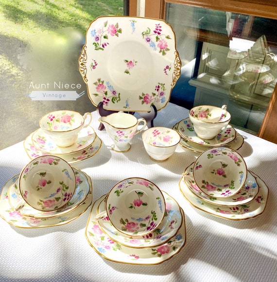 1930s 18-piece Vintage Tea Set EB Foley Bone China hand-painted blue, purple and pink flowers gold accent Teapot, teacups, saucers