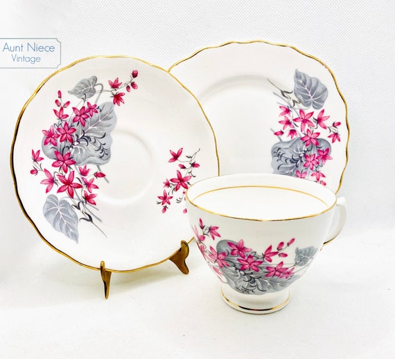 1950s Vintage Colclough china trio pink flowers grey leaves gold gilt vintage teacup saucer and square scalloped edge underplate