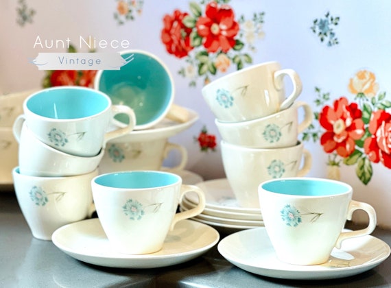 Sets and single Vintage teacup saucer Taylor Smith & Taylor Co "Ever Yours Boutonnière Blue Blossom" mid century cups robins egg blue