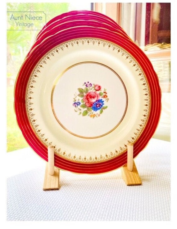 Vintage Aynsley Dorchester Dinner Plates: 1950s Red Gold Floral China - Set of 4