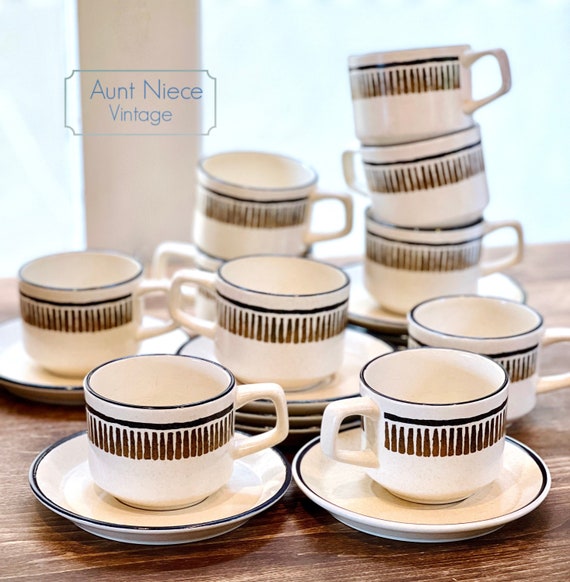 Sets and Singles Vintage Cups and saucers Temper-ware by Lenox "Percussion" beige, black, brown and green coffee cups c.1970s