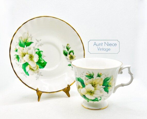 Vintage teacup saucer BlueBird Bone Chine white flower white jasmine white hibiscus gold teacup set c.