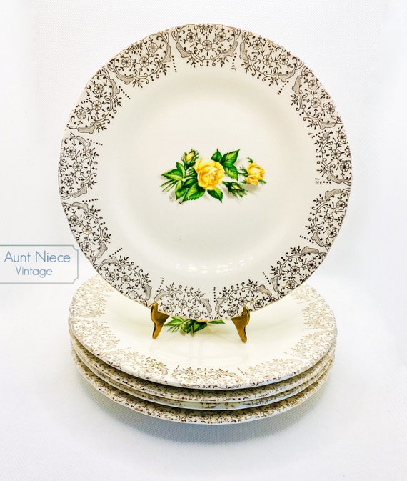 Sets and singles Vintage Plates Yellow Rose and Gold Plates 7'' salad dessert plates Harker Pottery Co Crooksville Sebring Plates c. 1940s