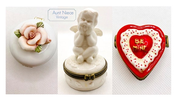 Vintage Trinket Boxes || Vintage pill box || Engagement ring box || Vintage ring box Angel Valentine Pink rose  tiny jewelry box