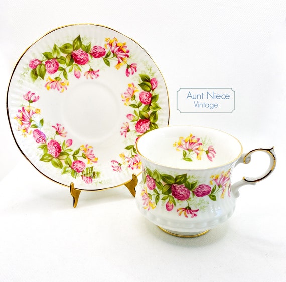 Vintage Teacup and Saucer Rosina China Wild Flowers Pink Green floral gold gilt cup saucer c. 1970s