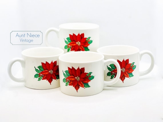 sets and single Vintage Hallmark Poinsettia mugs flat bottom white with red Poinsettia HLM2