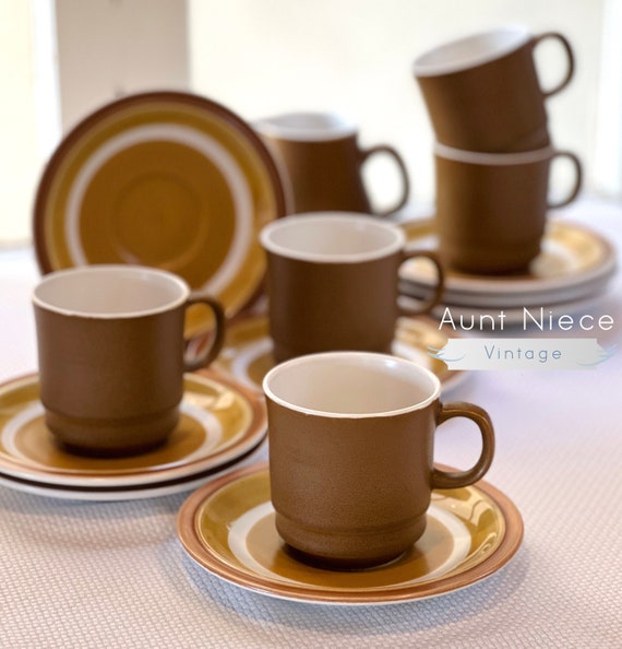 Sets and single Vintage cups and saucers stoneware Casual Ceram Majestic Brown, Yellow, white