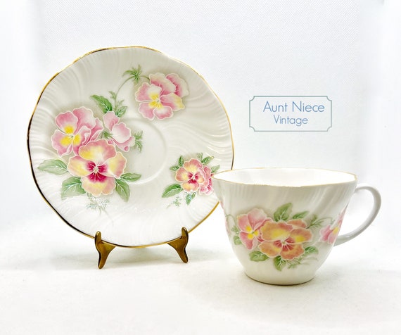 Vintage Teacup and Saucer Royal Coach Staffordshire pink, yellow orange pansy white swirl cup and saucer