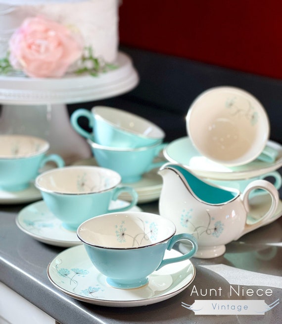 Sets of Vintage mid century cups & saucers, creamer Taylor Smith Taylor pale blue w/ blue lace floral dandelion silver-gilt accent c.1950s