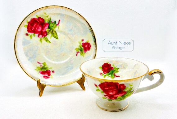 Vintage Demitasse or Espresso cup saucer Walls China Made in Japan heavy luster heavy gold with pink roses c. 1950s