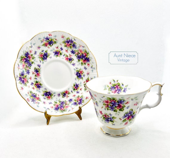 Vintage Royal Albert Bone Teacup Saucer Nell Gwynne Series: Richmond purple, pink blue floral chintz pedestal cup gold accents c. 1980s