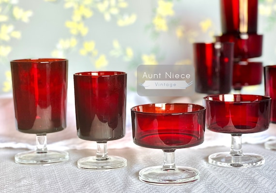 Mix and Max vintage vintage red glass stemware France's Arcoroc ruby glass with clear stem and base vintage dessert cups parfait c.1970s