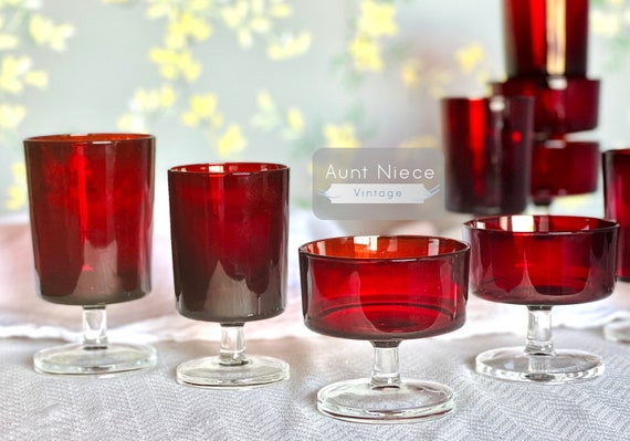 Mix and Max vintage vintage red glass stemware France's Arcoroc ruby glass with clear stem and base vintage dessert cups parfait c.1970s