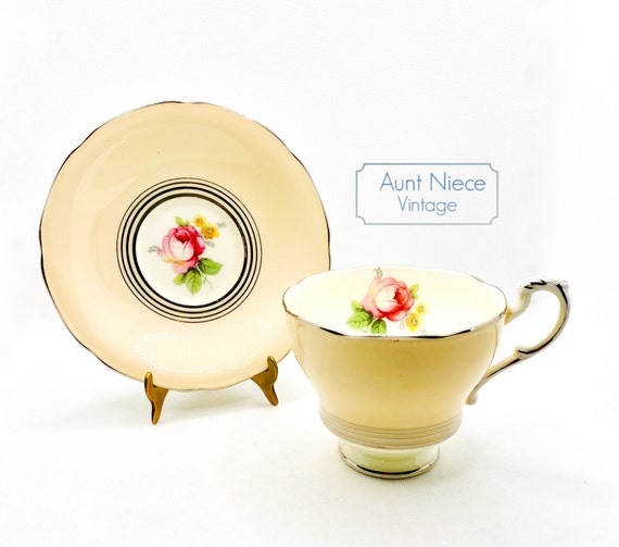 1939-1949 Vintage Paragon Double Warrant Teacup and saucer Peach and Silver with pink rose and yellow floral