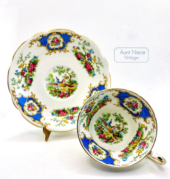 Vintage EB Foley Broadway Teacup Saucer Blue with Pheasant and floral vintage cup and saucer