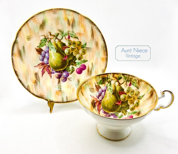 Vintage Teacup and Saucer Old Royal Bone China Pears and Grapes Gold Pedestal teacup and saucer c.1950