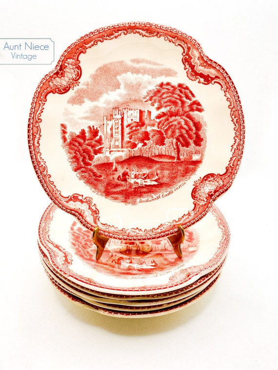 1940's Kenilworth Castle from Johnson Brothers Old Britain Castle Series vintage saucer or small plate red and white red transferware