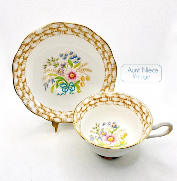 Vintage teacup and saucer Royal Albert Basketweave bouquet cup and saucer c.1960s