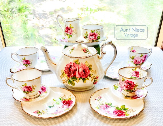 Selection of Vintage Royal Albert American Beauty Tea Set pieces tennis sets, sugar creamer, snack plates vintage teacups c.1950s