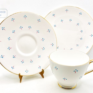 Vintage Tuscan Bone China Teacup Trio: Blue Polka Dot, Gold Gilt, c.1940s