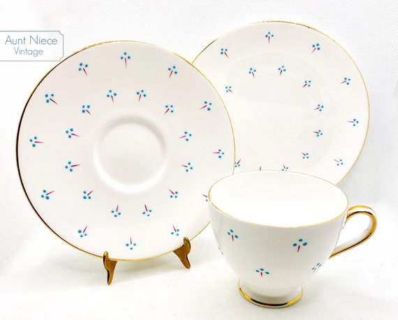 Vintage teacup set Trio Tuscan Bone China Blue polka dots with red stem heavy gold gilt vintage trio set hand-painted c. 1940s